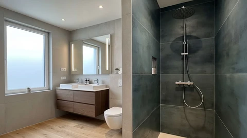 Salle de bains moderne avec douche &agrave; l'italienne carrel&eacute;e en gr&egrave;s c&eacute;rame anthracite, colonne de douche thermostatique avec douchette &agrave; main et pommeau de t&ecirc;te rond