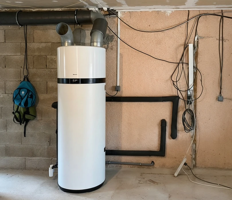 Garage ou sous-sol avec chauffe-eau électrique blanc moderne installé contre mur en béton