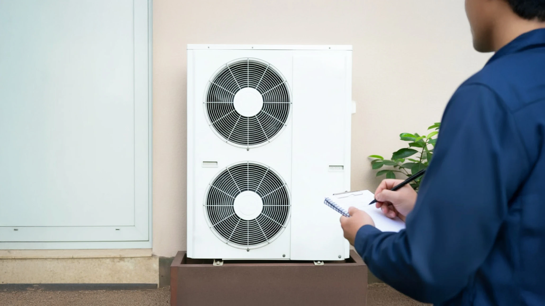 Extérieur résidentiel avec unité de climatisation installée sur socle béton contre mur beige