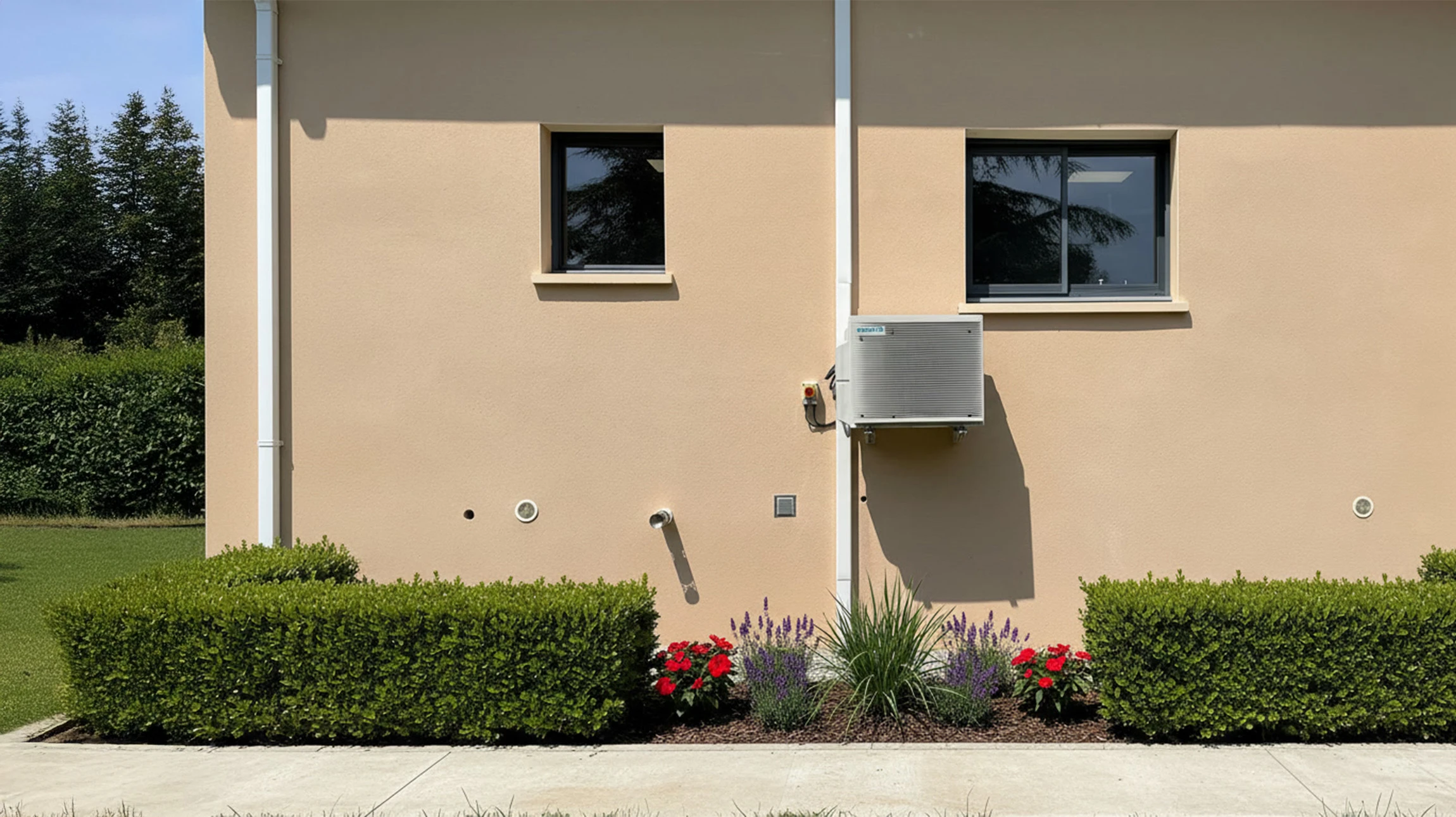 Façade extérieure de maison moderne avec unité de climatisation installée