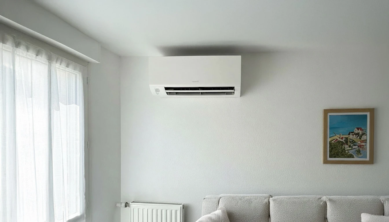 Extérieur d'habitation avec climatiseur split monté sur mur de briques rouges